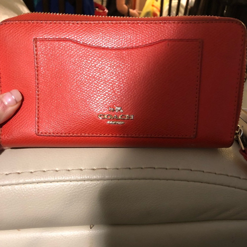 Red Pebble Leather Coach Zip Wallet